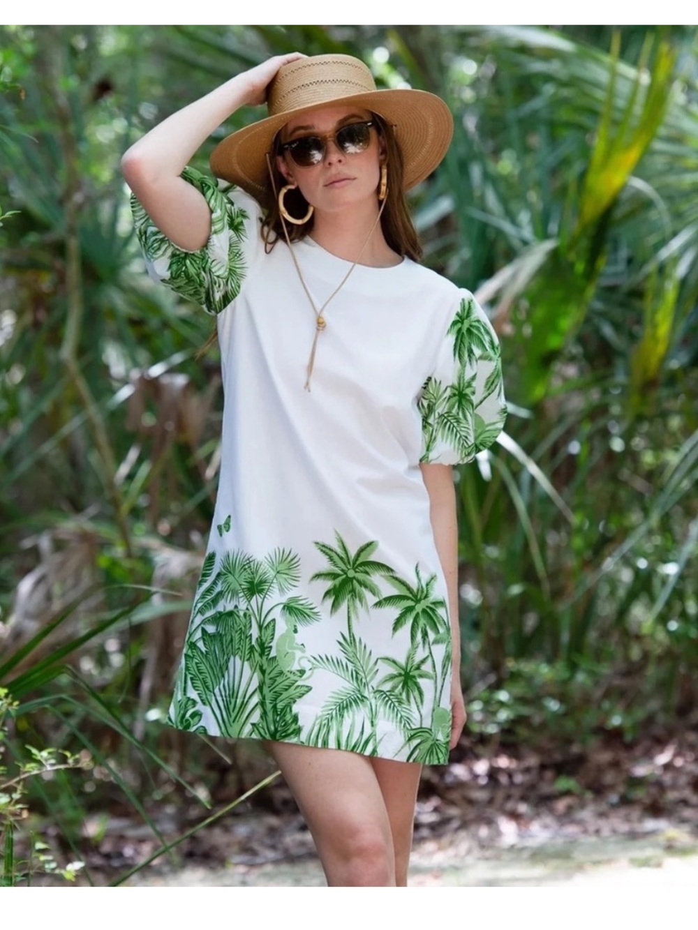 Olivia James The Label Louisa Jungle Agave Dress White & Green Butterfly Monkey